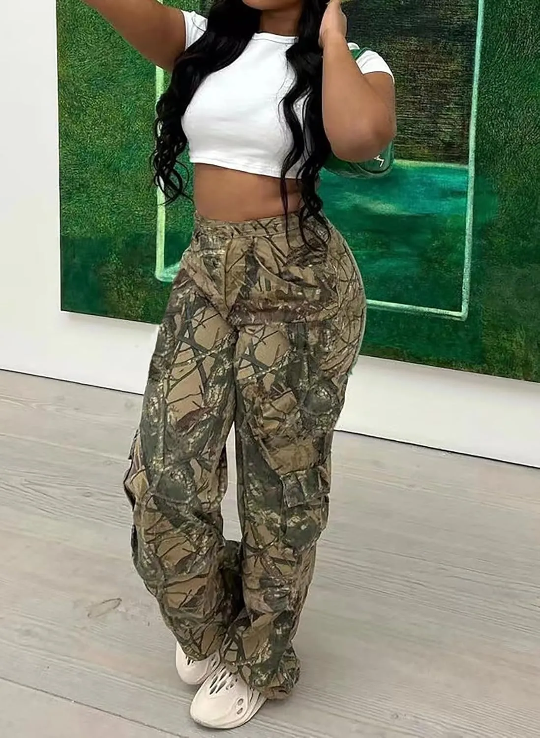 Vakkest Women's Oversized Camo Cargo Pants Jogger Trousers Workout Sweatpants Camouflage Army Fatigue with Pockets