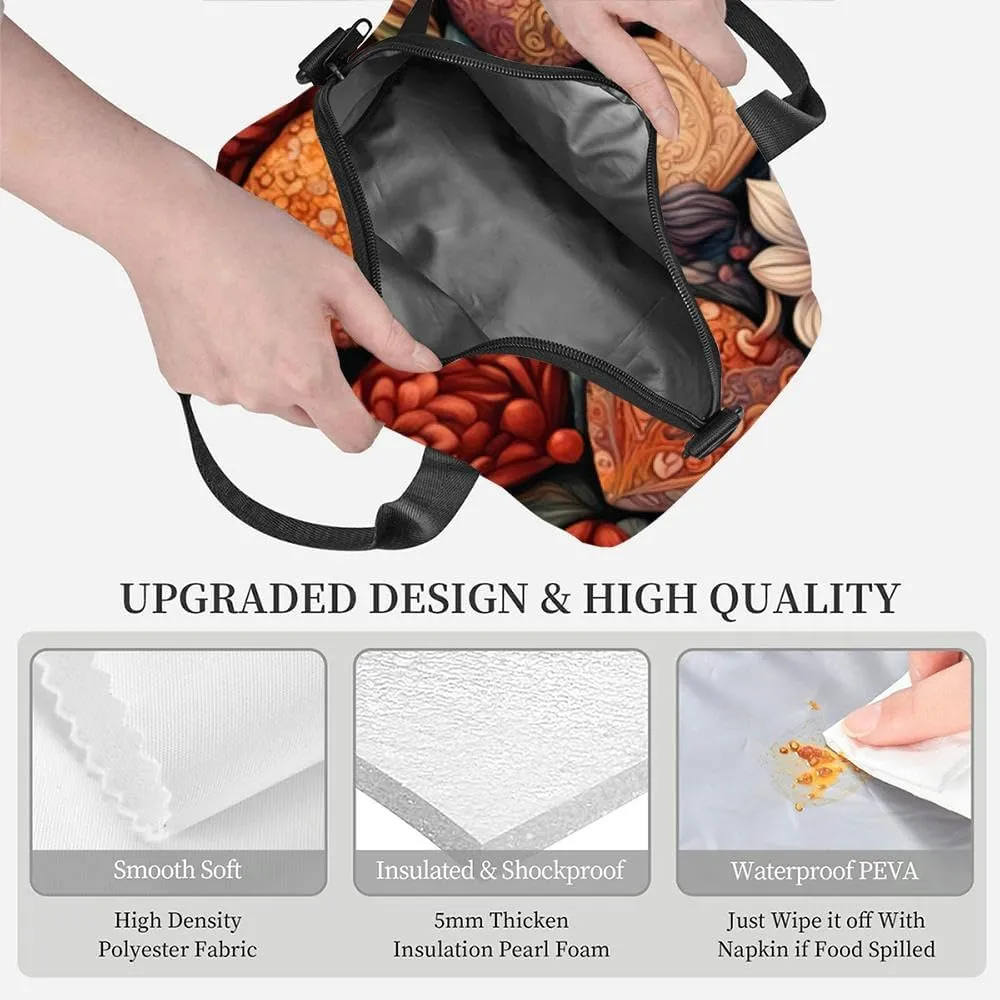Valentine's Day Intricate features hearts flowers including roses Insulated Adult Lunch Bag with Shoulder Strap for Women Lightweight Reusable Portable Freezable Lunch Tote Bag for Work Picnic
