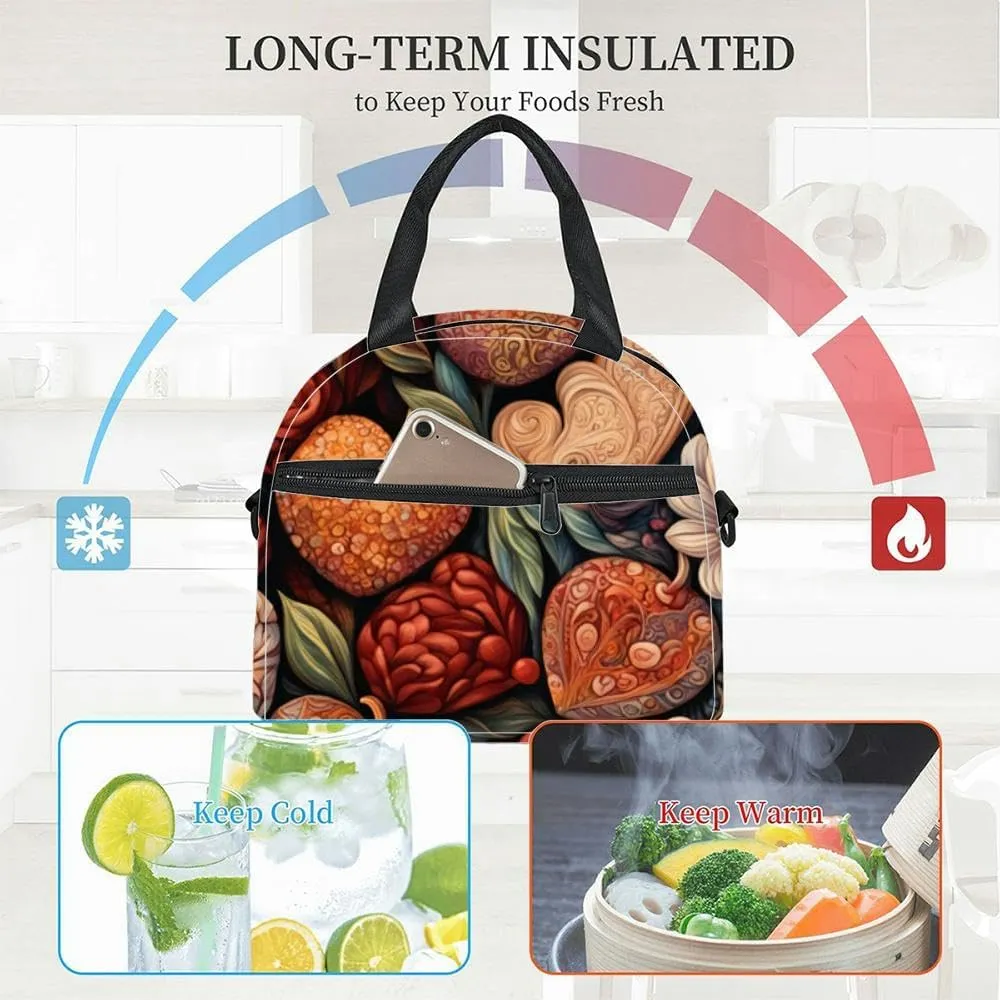 Valentine's Day Intricate features hearts flowers including roses Insulated Adult Lunch Bag with Shoulder Strap for Women Lightweight Reusable Portable Freezable Lunch Tote Bag for Work Picnic