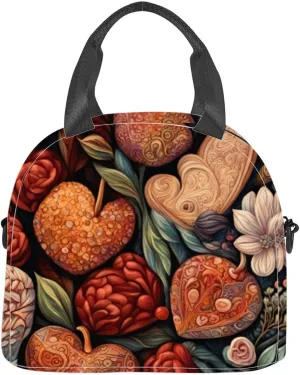 Valentine's Day Intricate features hearts flowers including roses Insulated Adult Lunch Bag with Shoulder Strap for Women Lightweight Reusable Portable Freezable Lunch Tote Bag for Work Picnic
