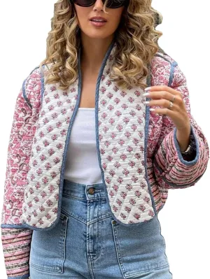 VAOYIU Women's Cropped Puffer Jacket Vintage Cardigan Floral Printed Lightweight Open Front Padded Quilted Coats