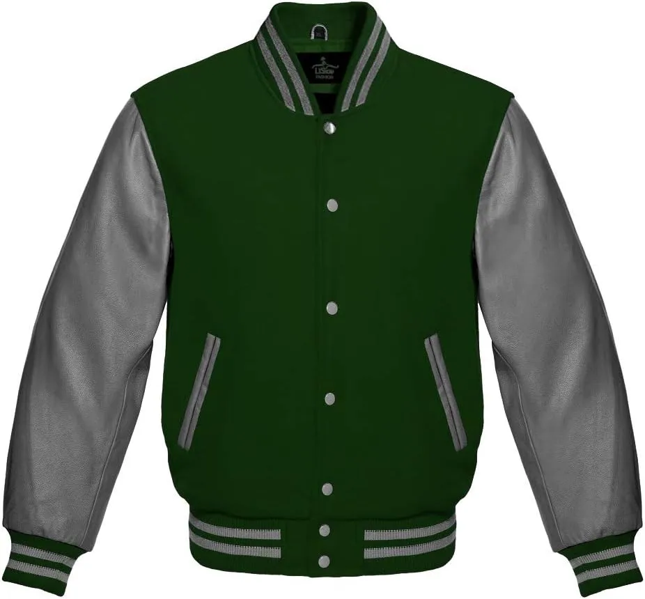 Varsity Jacket Baseball Letterman Bomber Wool & Grey Genuine leather sleeves