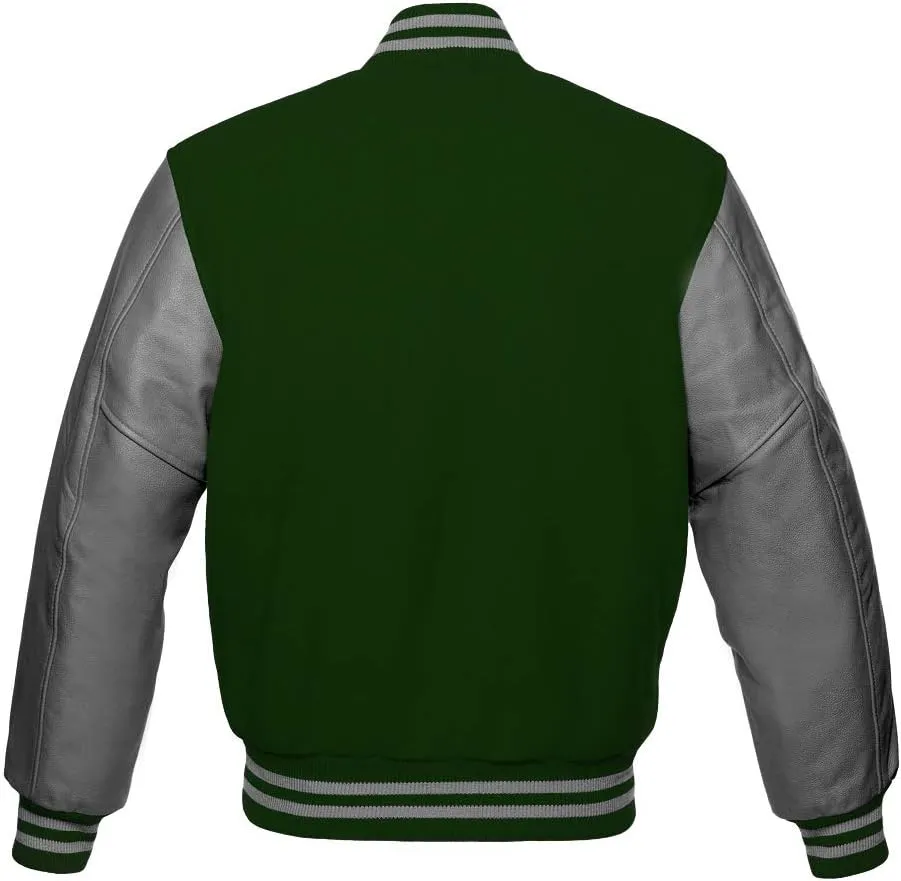 Varsity Jacket Baseball Letterman Bomber Wool & Grey Genuine leather sleeves