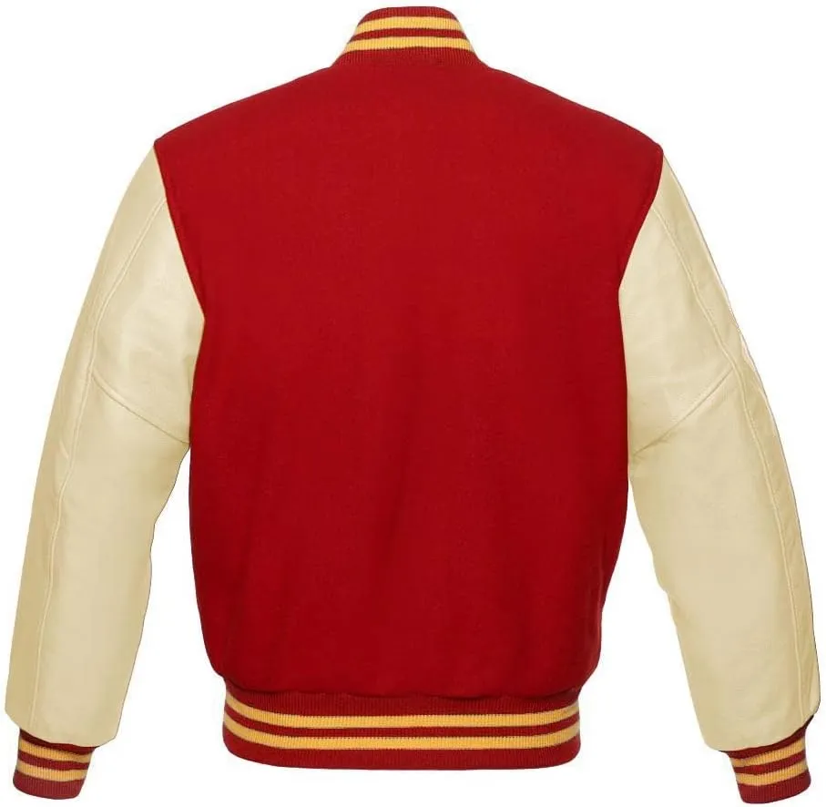 Varsity Jacket Baseball Letterman Bomber Wool & Light Cream Genuine leather Sleeves With Yellow Gold Stripe