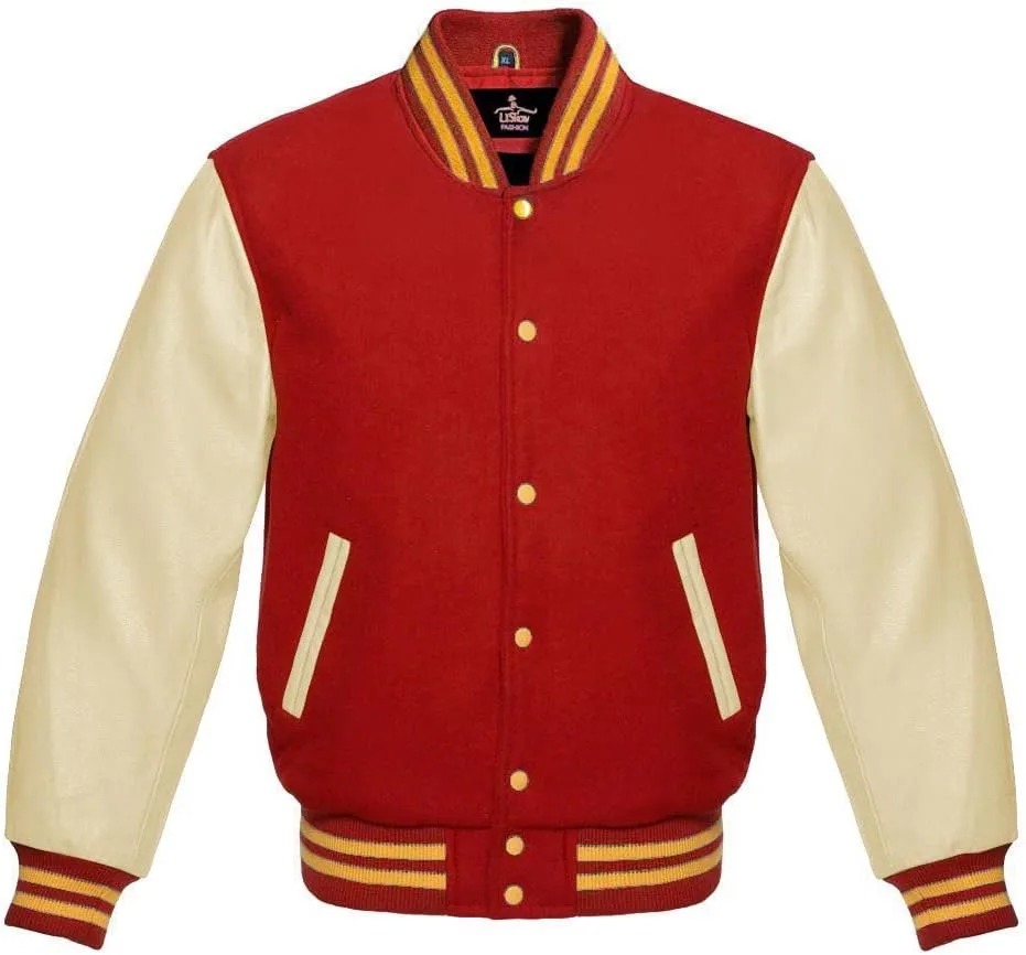 Varsity Jacket Baseball Letterman Bomber Wool & Light Cream Genuine leather Sleeves With Yellow Gold Stripe