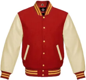 Varsity Jacket Baseball Letterman Bomber Wool & Light Cream Genuine leather Sleeves With Yellow Gold Stripe