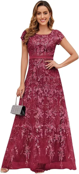 VCCICANY Lace Appliques Mother of The Bride Dresses for Women Short Sleeves A Line Tulle Long Formal Evening Gown Prom Dress