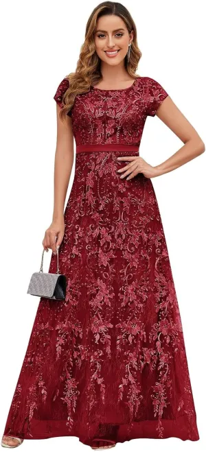 VCCICANY Lace Appliques Mother of The Bride Dresses for Women Short Sleeves A Line Tulle Long Formal Evening Gown Prom Dress