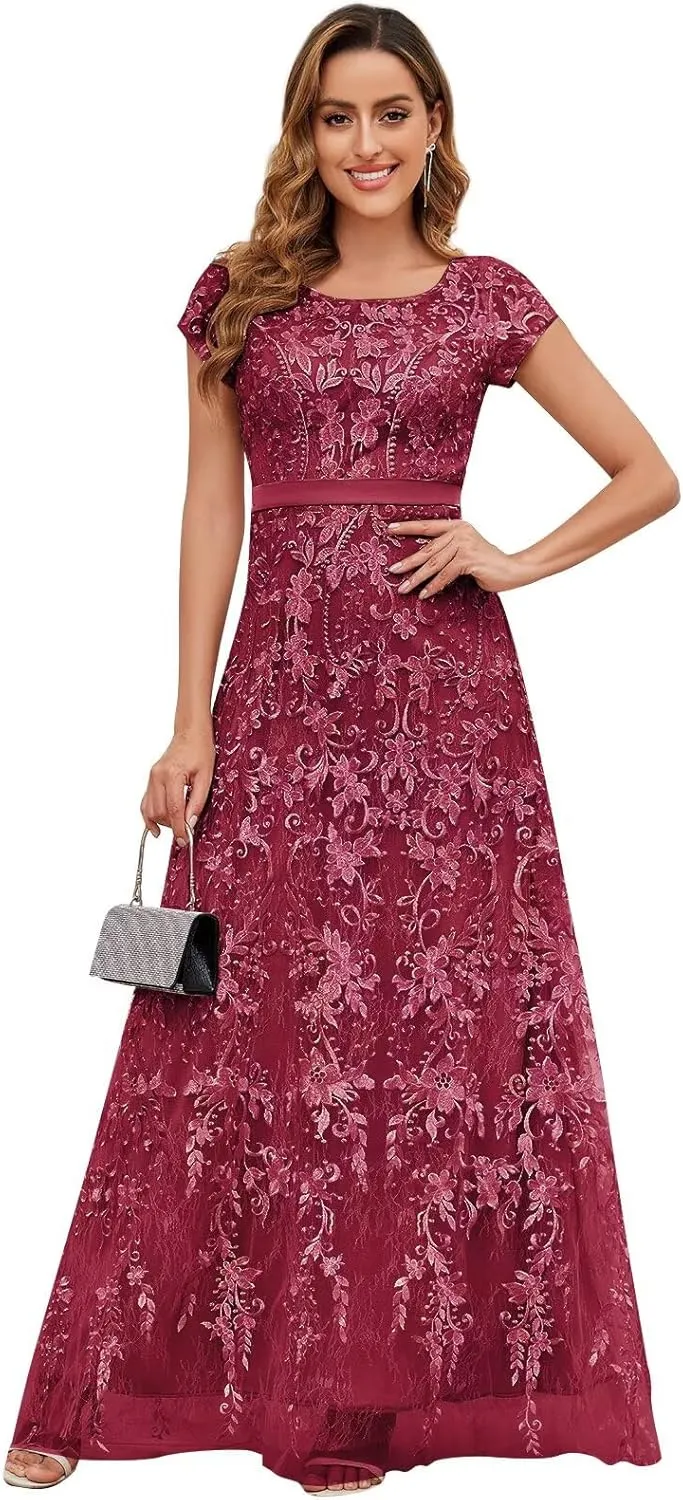 VCCICANY Lace Appliques Mother of The Bride Dresses for Women Short Sleeves A Line Tulle Long Formal Evening Gown Prom Dress