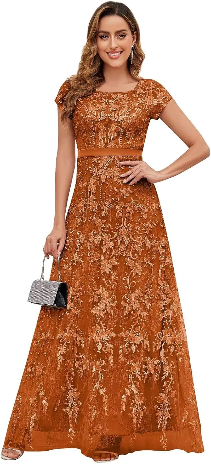 VCCICANY Lace Appliques Mother of The Bride Dresses for Women Short Sleeves A Line Tulle Long Formal Evening Gown Prom Dress