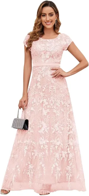 VCCICANY Lace Appliques Mother of The Bride Dresses for Women Short Sleeves A Line Tulle Long Formal Evening Gown Prom Dress