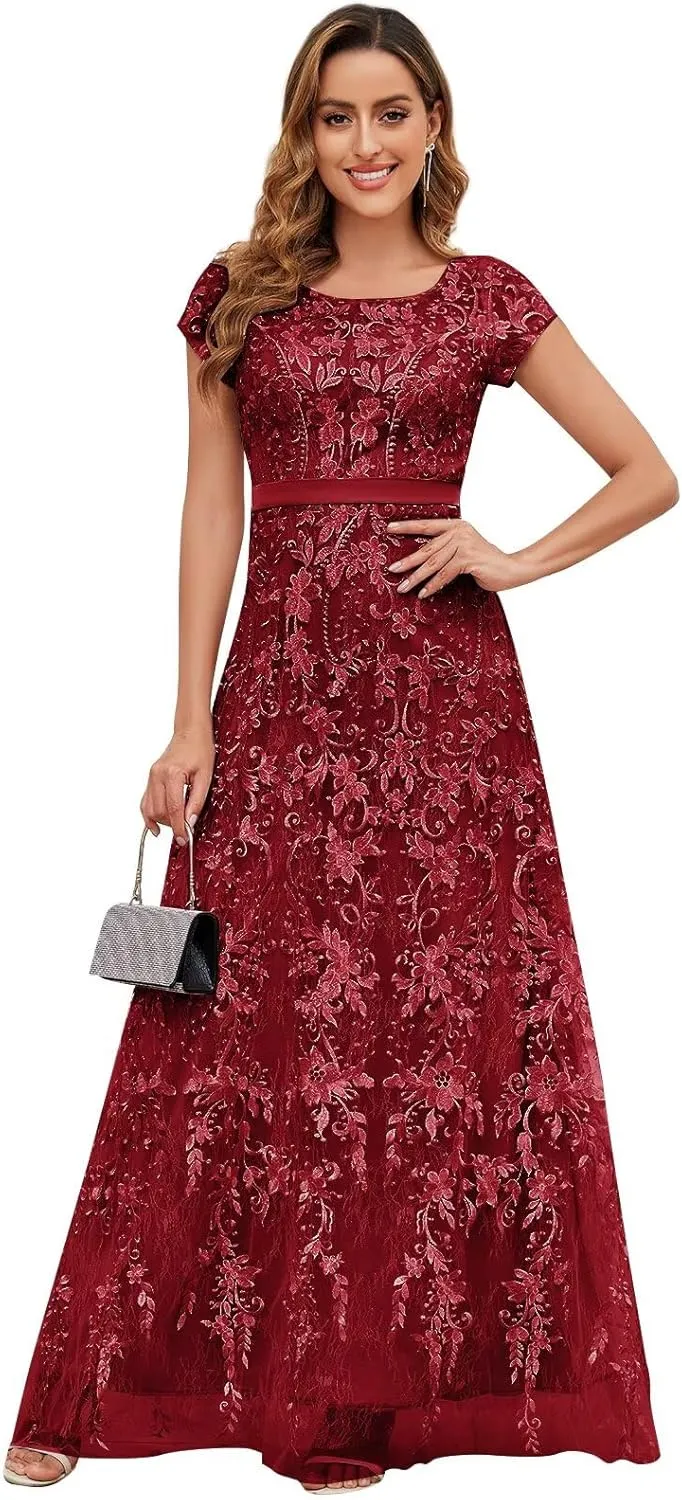 VCCICANY Lace Appliques Mother of The Bride Dresses for Women Short Sleeves A Line Tulle Long Formal Evening Gown Prom Dress