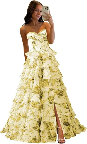 VCCICANY Strapless Corset Prom Dresses for Women Long Tiered Chiffon A Line Formal Evening Party Gowns with Slit