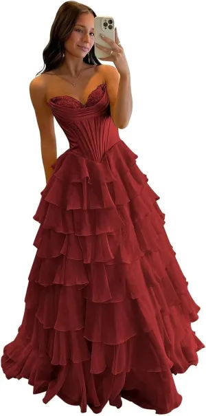 VCCICANY Strapless Corset Prom Dresses for Women Long Tiered Chiffon A Line Formal Evening Party Gowns with Slit