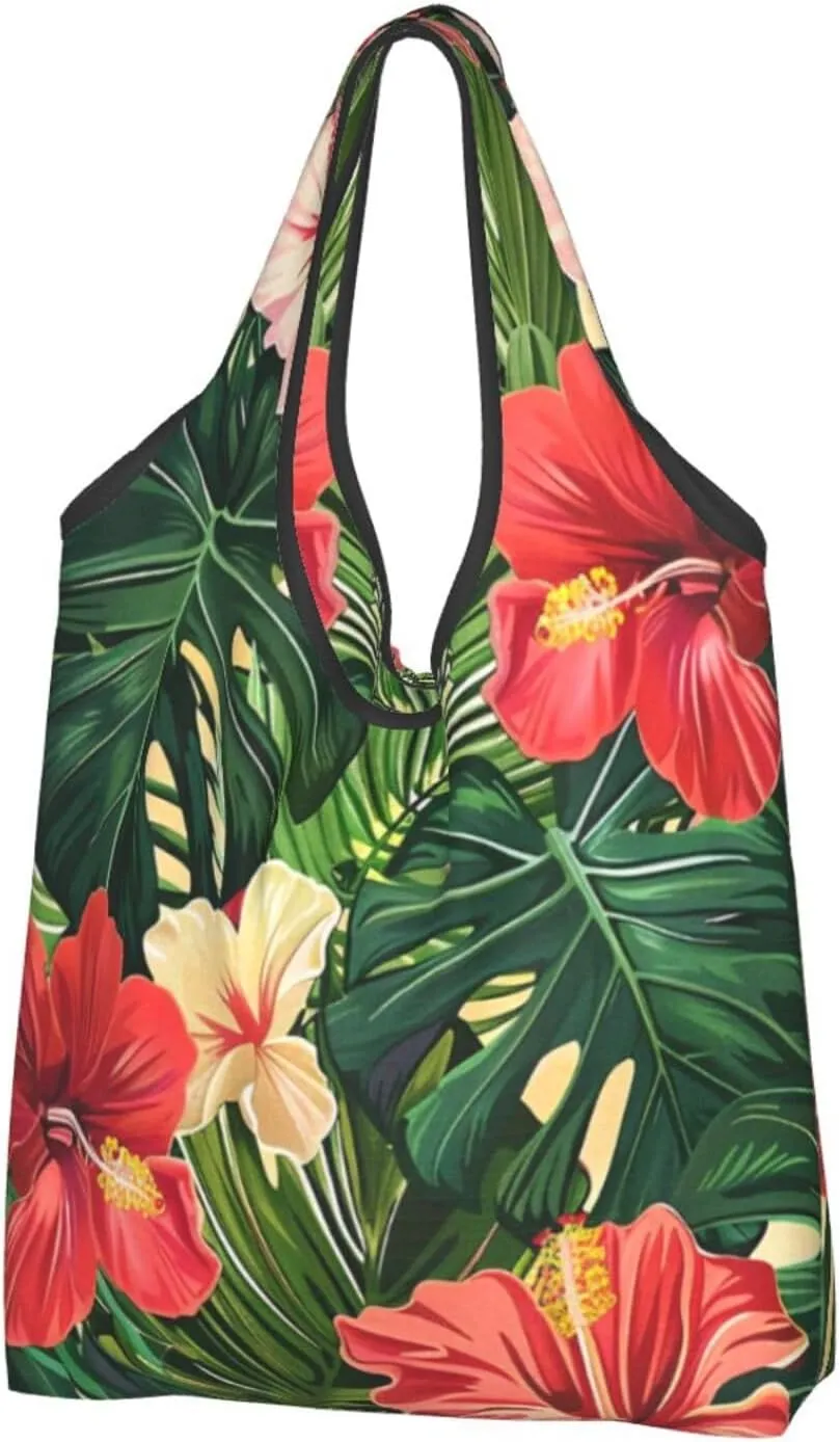 Vegetation Leaves with Hibiscus Flowers Printed Reusable Shopping Bag 1 Pack Folding Grocery Bags Cloth Tote Bags Cute Washable Shopper Bags