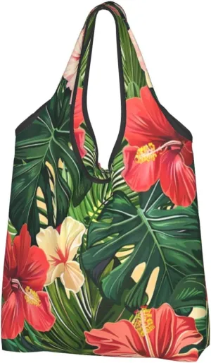 Vegetation Leaves with Hibiscus Flowers Printed Reusable Shopping Bag 1 Pack Folding Grocery Bags Cloth Tote Bags Cute Washable Shopper Bags