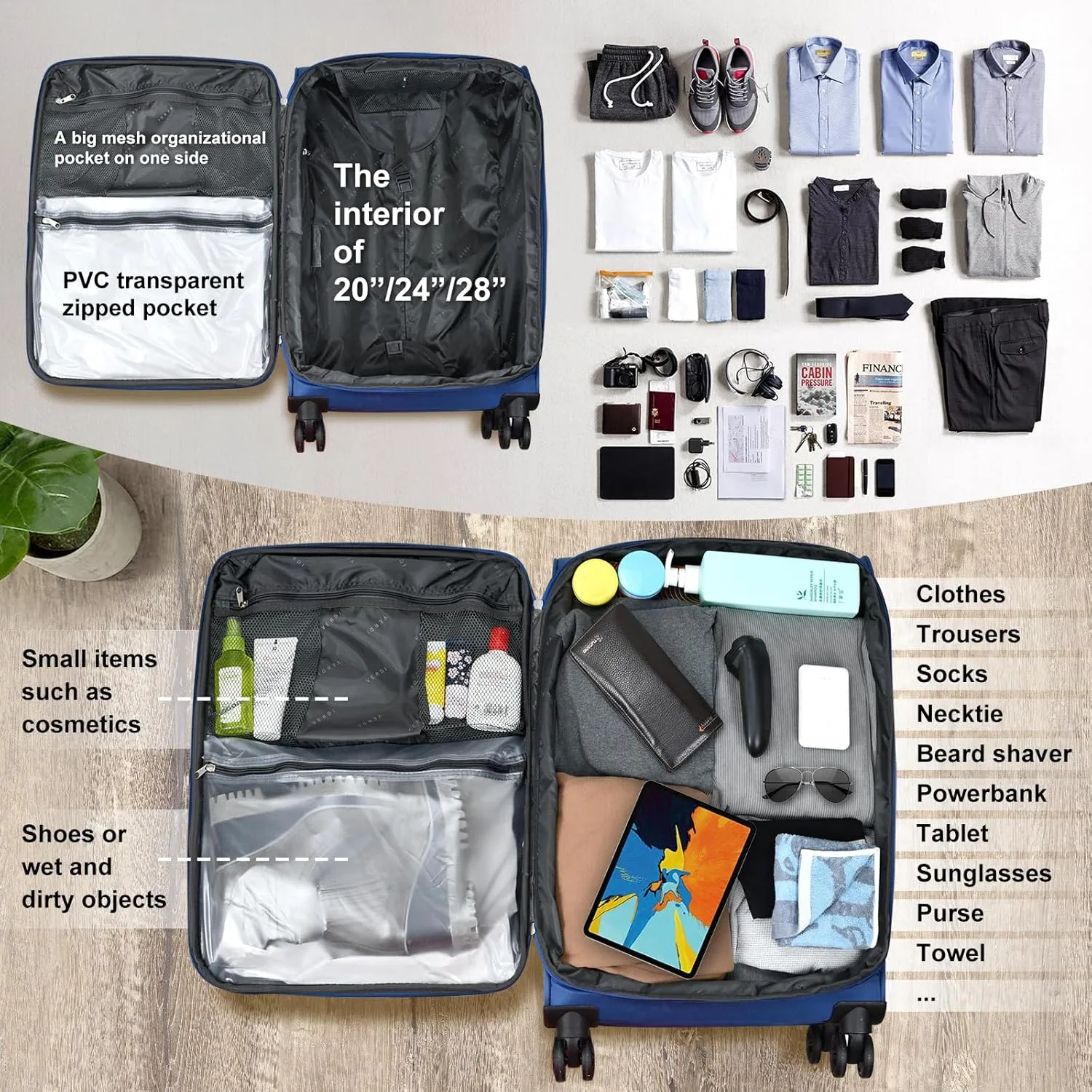 Verdi Softside Expandable 28 Inch Luggage with Spinner Wheels Lightweight Travel Suitcase (Navy, Checked-Large 28-Inch)