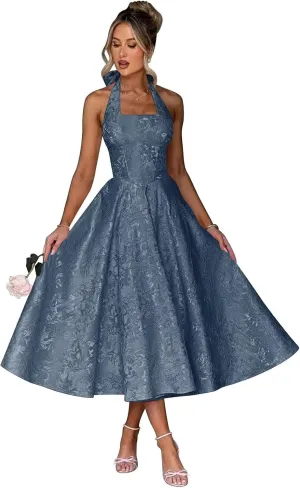 Verngo Satin Floral Jacquard Prom Dress for Women 2025 Halter A Line Formal Evening Gowns with Pockets