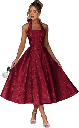 Verngo Satin Floral Jacquard Prom Dress for Women 2025 Halter A Line Formal Evening Gowns with Pockets