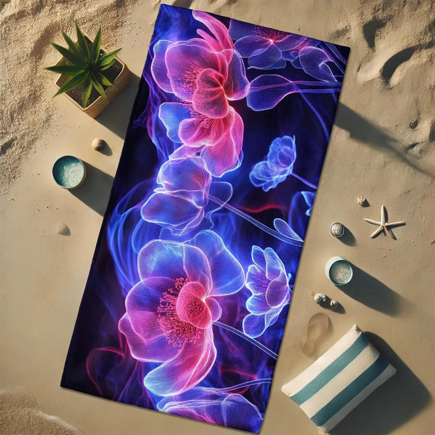 Vibrant Luminous Floral Microfiber Beach Towel Neon Blossoms Towel, Quick Dry Absorbent Soft Sand Free Lightweight Beach Blanket, Summer Outdoor Pool Picnic Essentials 62x31 Inch