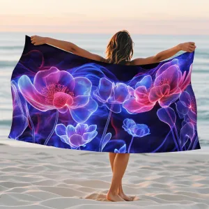 Vibrant Luminous Floral Microfiber Beach Towel Neon Blossoms Towel, Quick Dry Absorbent Soft Sand Free Lightweight Beach Blanket, Summer Outdoor Pool Picnic Essentials 62x31 Inch