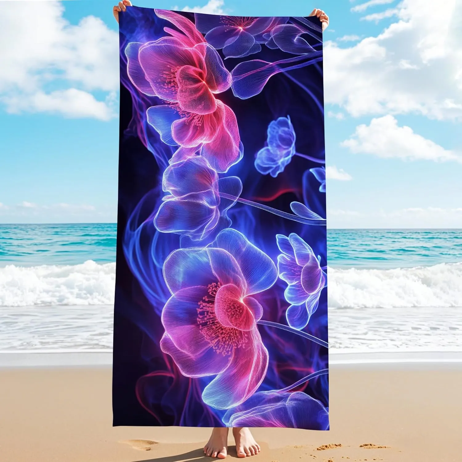 Vibrant Luminous Floral Microfiber Beach Towel Neon Blossoms Towel, Quick Dry Absorbent Soft Sand Free Lightweight Beach Blanket, Summer Outdoor Pool Picnic Essentials 62x31 Inch