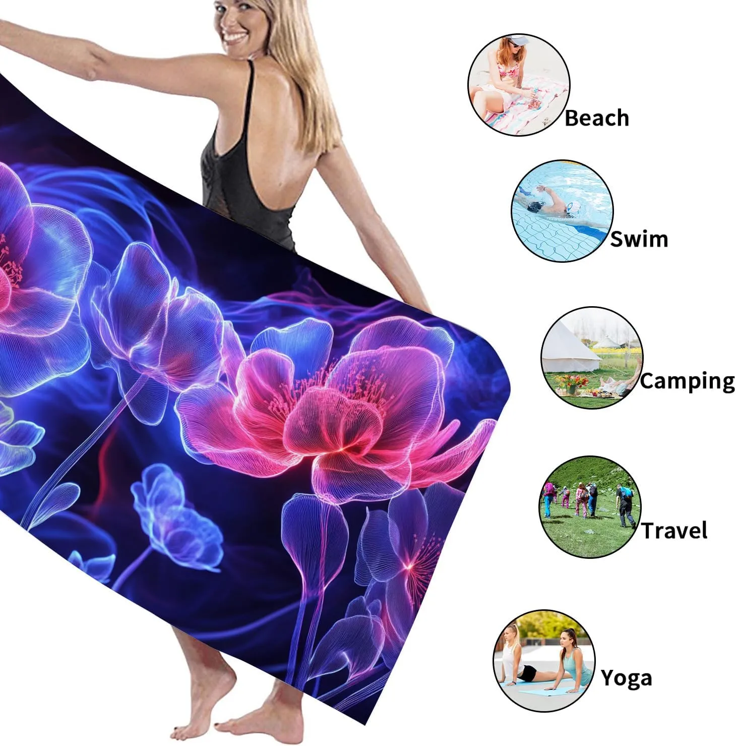 Vibrant Luminous Floral Microfiber Beach Towel Neon Blossoms Towel, Quick Dry Absorbent Soft Sand Free Lightweight Beach Blanket, Summer Outdoor Pool Picnic Essentials 62x31 Inch