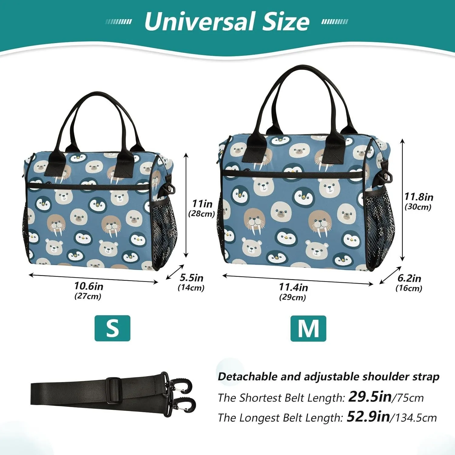 VIGTRO Cute Penguin Polar Bear Walrus Insulated Lunch Bag Leakproof Lunch Box for Women Men Reusable Lunch Tote Bag with Adjustable Shoulder Strap for Office Picnic Travel Size S