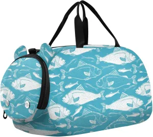 VIGTRO Fish Seamless Blue Background Kids Overnight Travel Duffel Bag Sport Gym Bag for Boys Girls with Shoe Compartment, Carry On Weekender Luggage Bag for Dance Swim Yoga