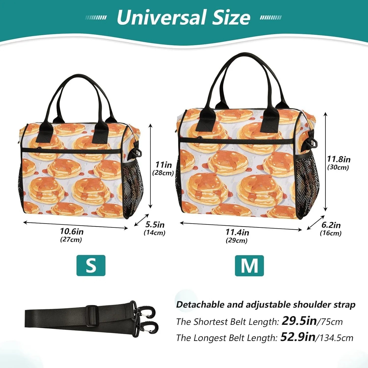 VIGTRO Food Pancake with Syrup Insulated Lunch Bag Leakproof Lunch Box for Women Men Reusable Lunch Tote Bag with Adjustable Shoulder Strap for Office Picnic Travel Size S