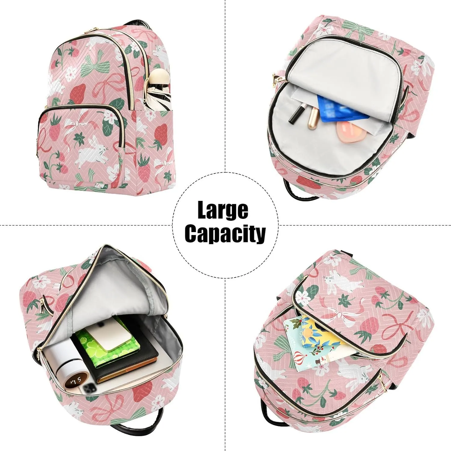 VIGTRO Women Fashion Backpack Quilted Mini Purse Bunny Strawberry Bows, Lightweight Travel Casual Shoulder Backpack with Adjustable Straps Size M