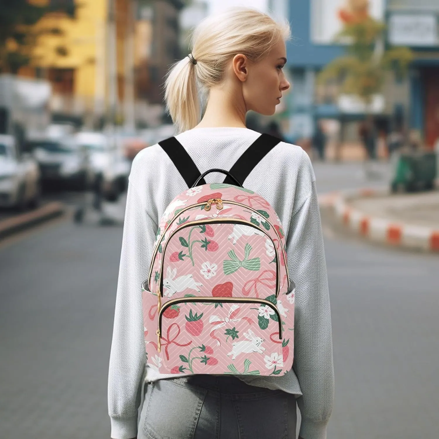 VIGTRO Women Fashion Backpack Quilted Mini Purse Bunny Strawberry Bows, Lightweight Travel Casual Shoulder Backpack with Adjustable Straps Size M
