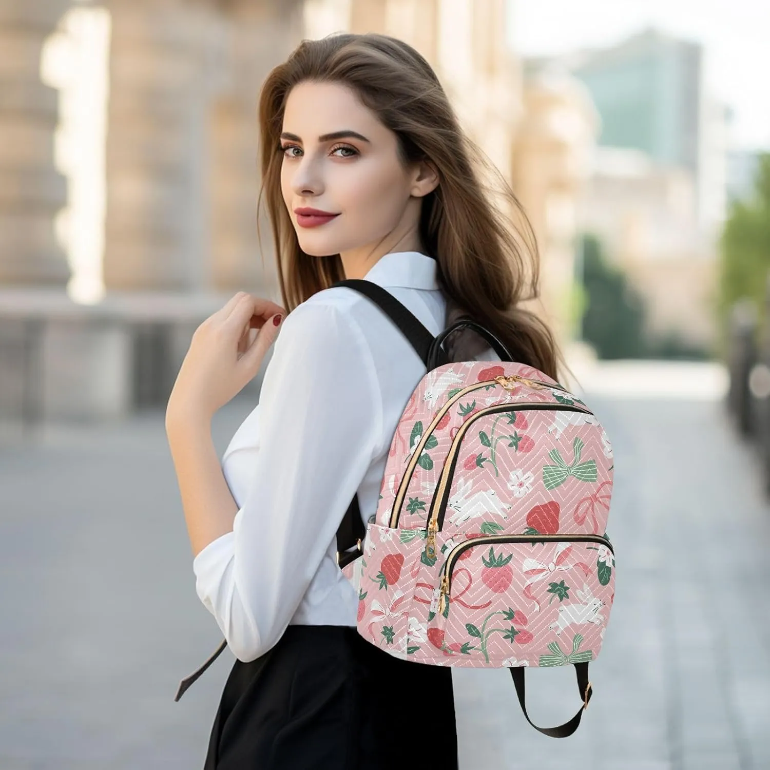 VIGTRO Women Fashion Backpack Quilted Mini Purse Bunny Strawberry Bows, Lightweight Travel Casual Shoulder Backpack with Adjustable Straps Size M