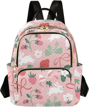 VIGTRO Women Fashion Backpack Quilted Mini Purse Bunny Strawberry Bows, Lightweight Travel Casual Shoulder Backpack with Adjustable Straps Size M