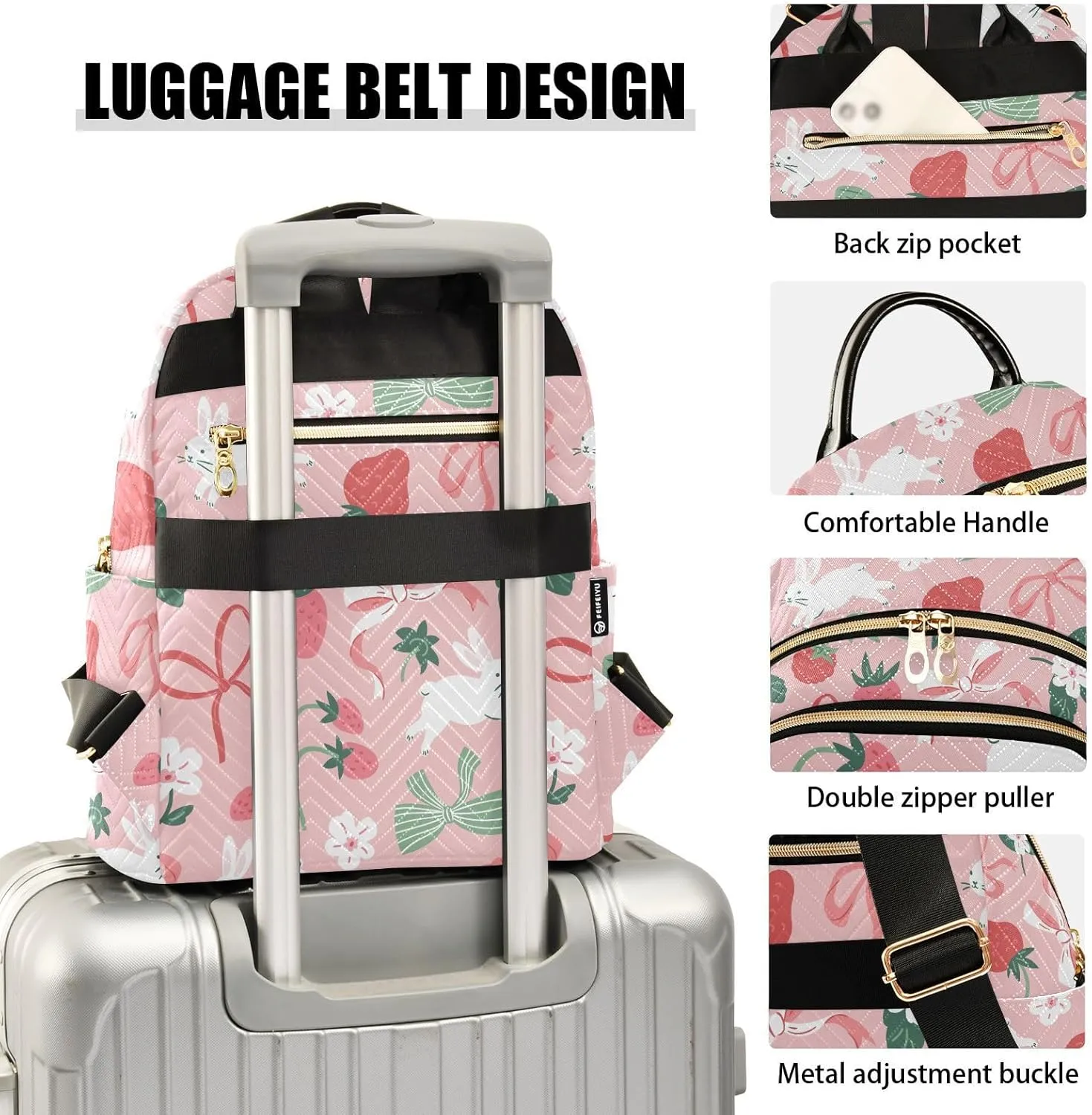 VIGTRO Women Fashion Backpack Quilted Mini Purse Bunny Strawberry Bows, Lightweight Travel Casual Shoulder Backpack with Adjustable Straps Size M