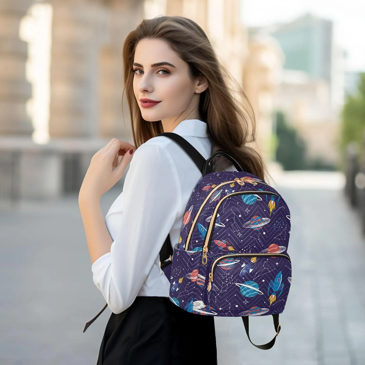 VIGTRO Women Fashion Backpack Quilted Mini Purse Colorful Space Planet Spacecraft, Lightweight Travel Casual Shoulder Backpack with Adjustable Straps Size M