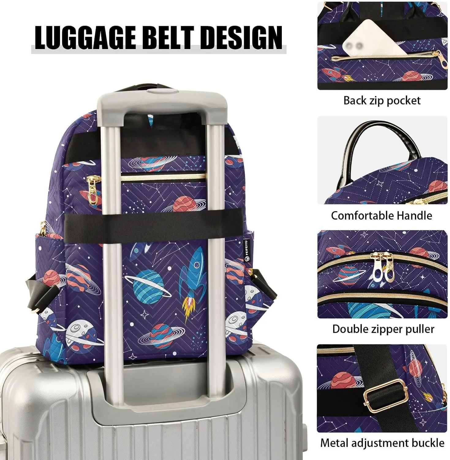 VIGTRO Women Fashion Backpack Quilted Mini Purse Colorful Space Planet Spacecraft, Lightweight Travel Casual Shoulder Backpack with Adjustable Straps Size M