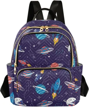 VIGTRO Women Fashion Backpack Quilted Mini Purse Colorful Space Planet Spacecraft, Lightweight Travel Casual Shoulder Backpack with Adjustable Straps Size M