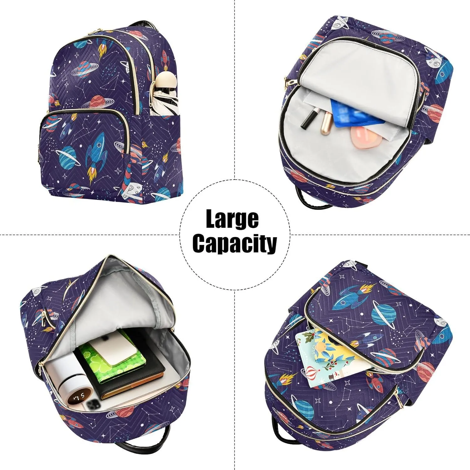 VIGTRO Women Fashion Backpack Quilted Mini Purse Colorful Space Planet Spacecraft, Lightweight Travel Casual Shoulder Backpack with Adjustable Straps Size M