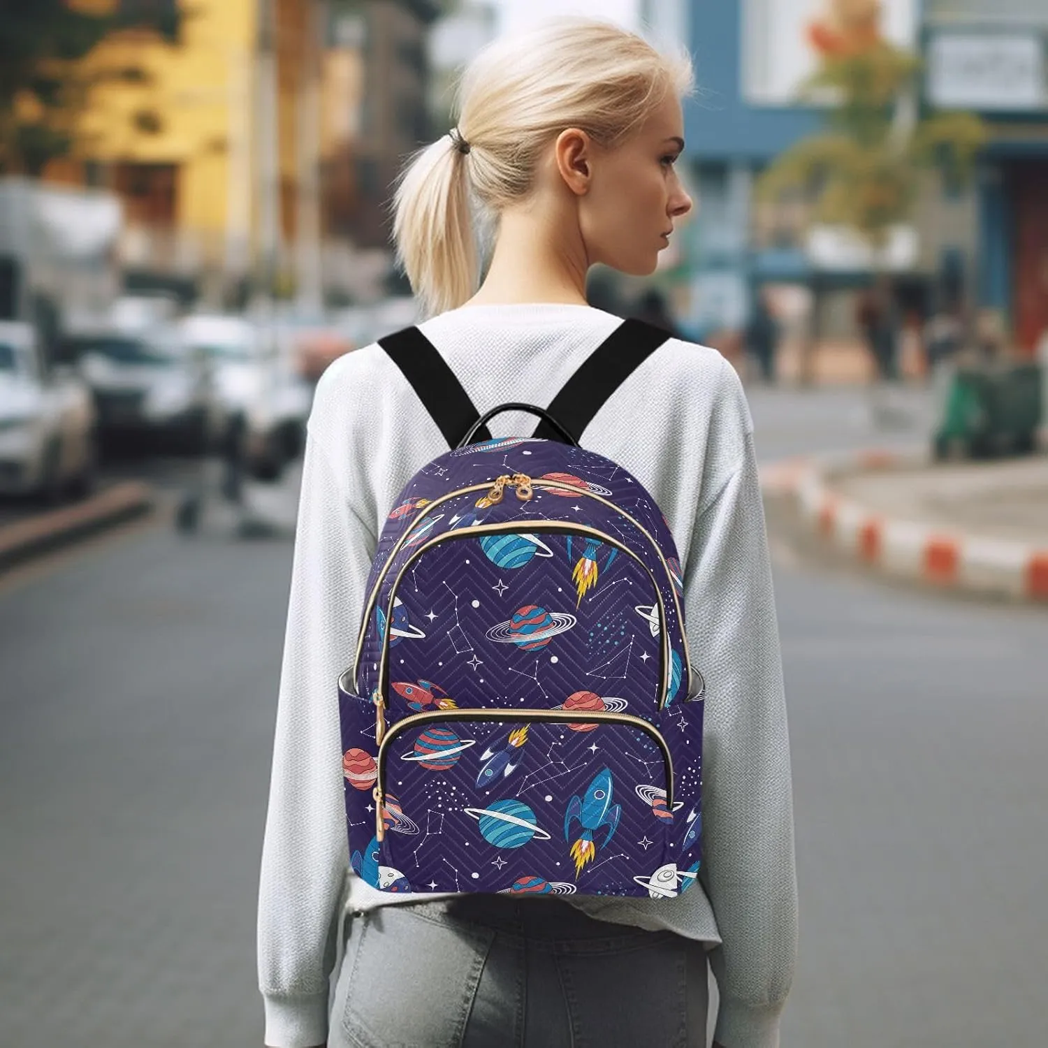 VIGTRO Women Fashion Backpack Quilted Mini Purse Colorful Space Planet Spacecraft, Lightweight Travel Casual Shoulder Backpack with Adjustable Straps Size M