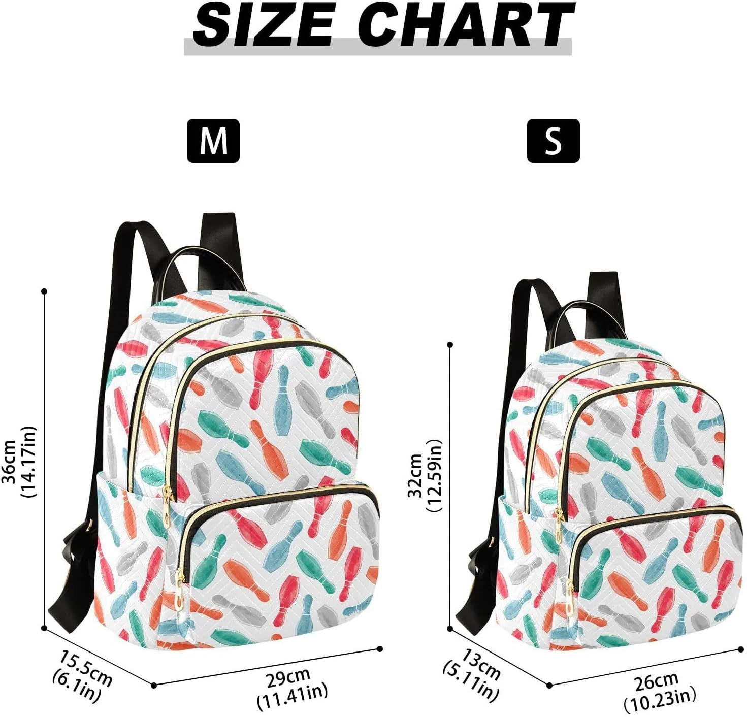 VIGTRO Women Fashion Backpack Quilted Mini Purse Colorful Watercolor Bowling Pins, Lightweight Travel Casual Shoulder Backpack with Adjustable Straps Size M
