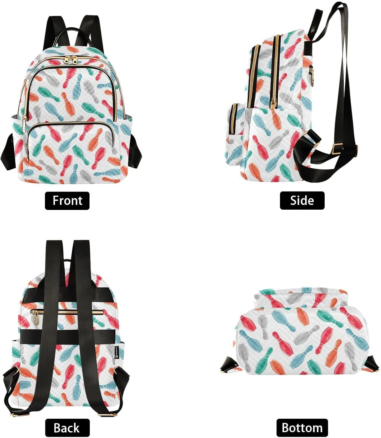 VIGTRO Women Fashion Backpack Quilted Mini Purse Colorful Watercolor Bowling Pins, Lightweight Travel Casual Shoulder Backpack with Adjustable Straps Size M