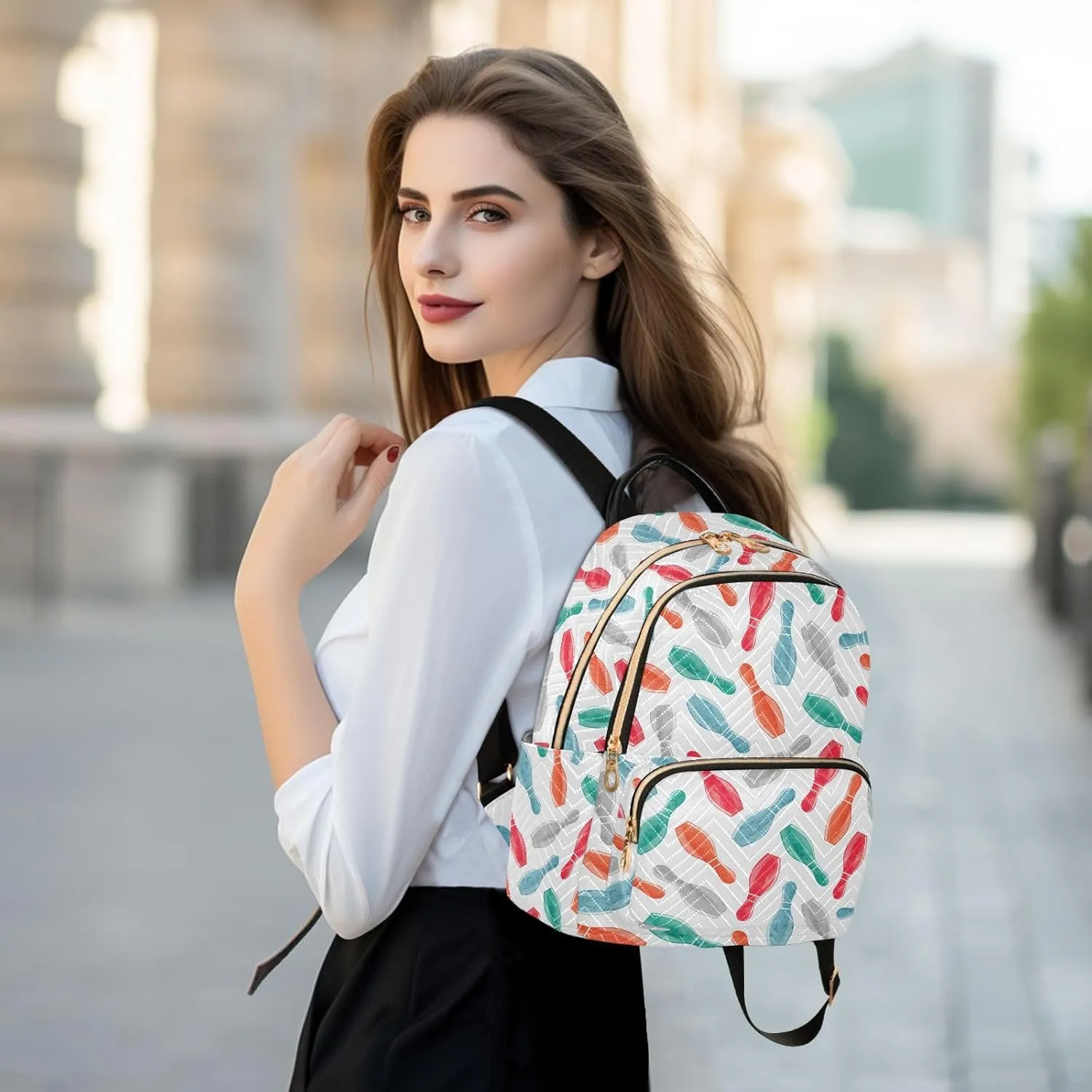 VIGTRO Women Fashion Backpack Quilted Mini Purse Colorful Watercolor Bowling Pins, Lightweight Travel Casual Shoulder Backpack with Adjustable Straps Size M