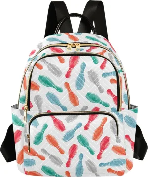 VIGTRO Women Fashion Backpack Quilted Mini Purse Colorful Watercolor Bowling Pins, Lightweight Travel Casual Shoulder Backpack with Adjustable Straps Size M