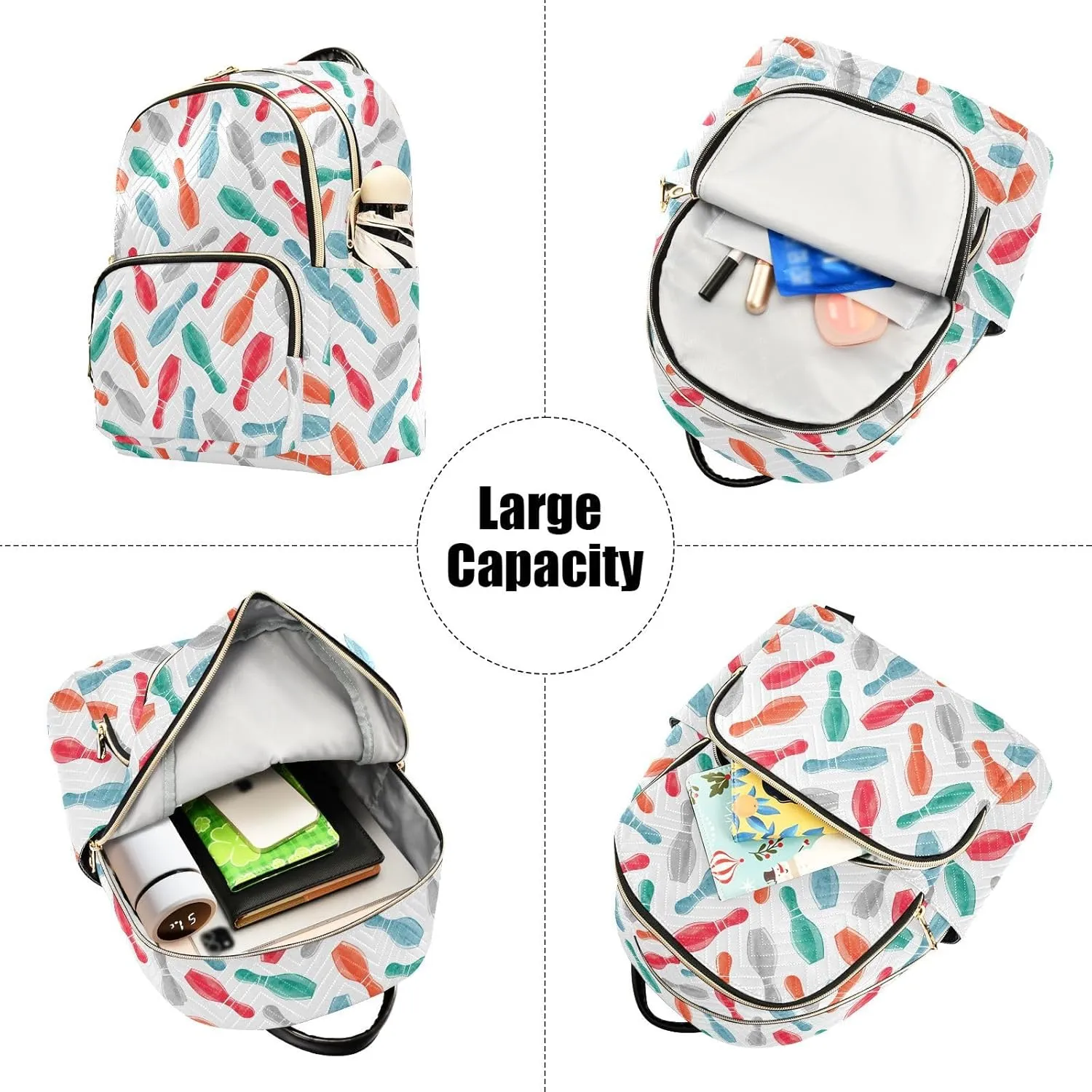 VIGTRO Women Fashion Backpack Quilted Mini Purse Colorful Watercolor Bowling Pins, Lightweight Travel Casual Shoulder Backpack with Adjustable Straps Size M