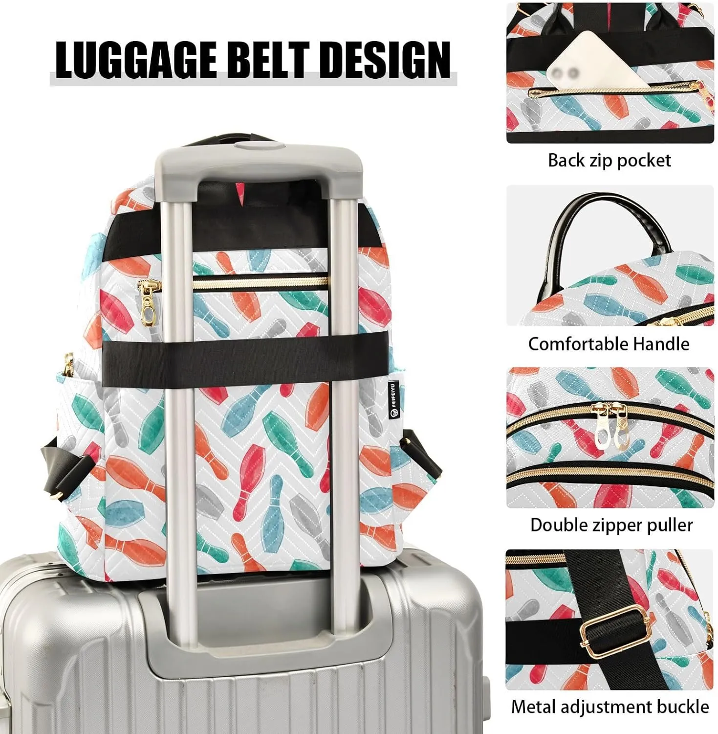 VIGTRO Women Fashion Backpack Quilted Mini Purse Colorful Watercolor Bowling Pins, Lightweight Travel Casual Shoulder Backpack with Adjustable Straps Size M