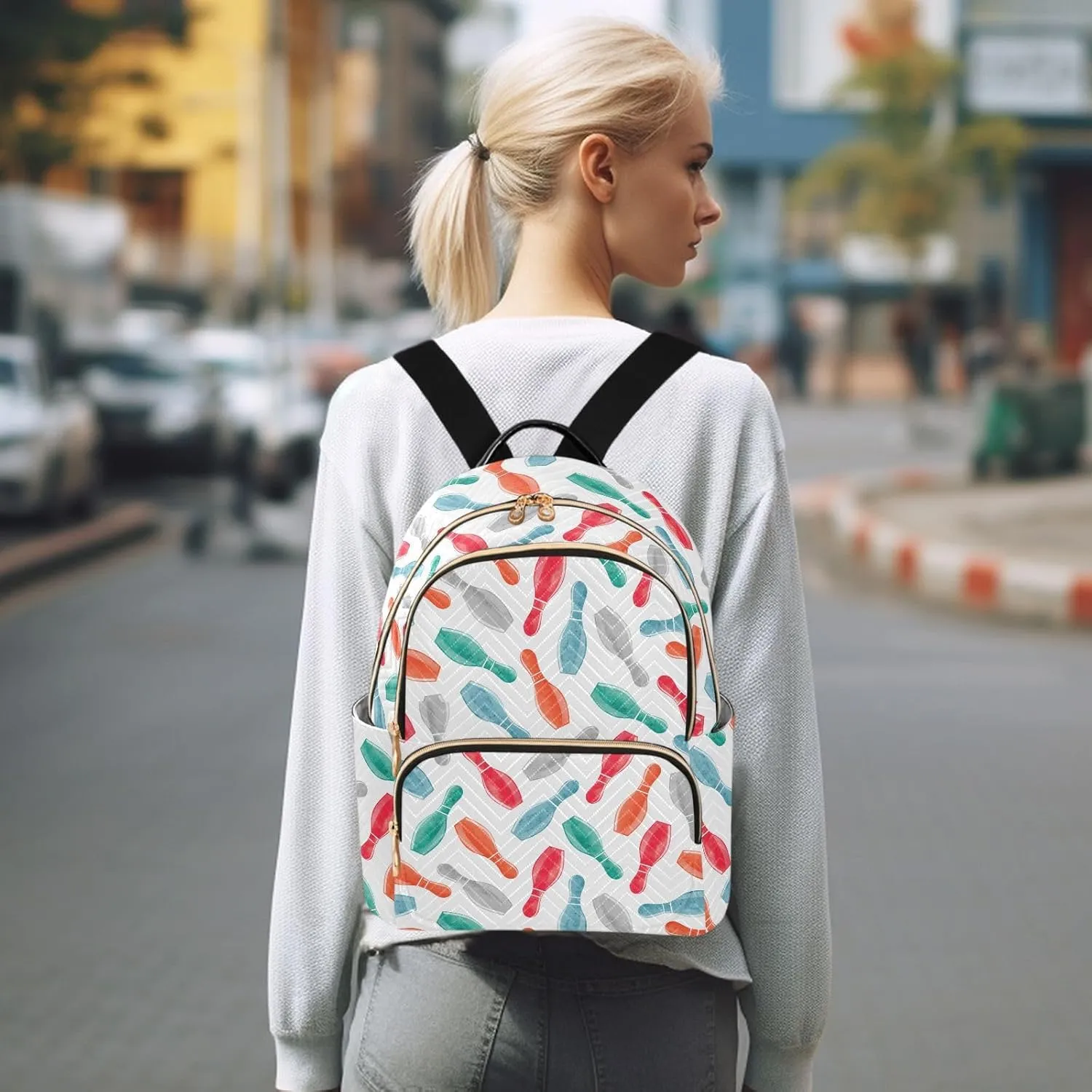 VIGTRO Women Fashion Backpack Quilted Mini Purse Colorful Watercolor Bowling Pins, Lightweight Travel Casual Shoulder Backpack with Adjustable Straps Size M