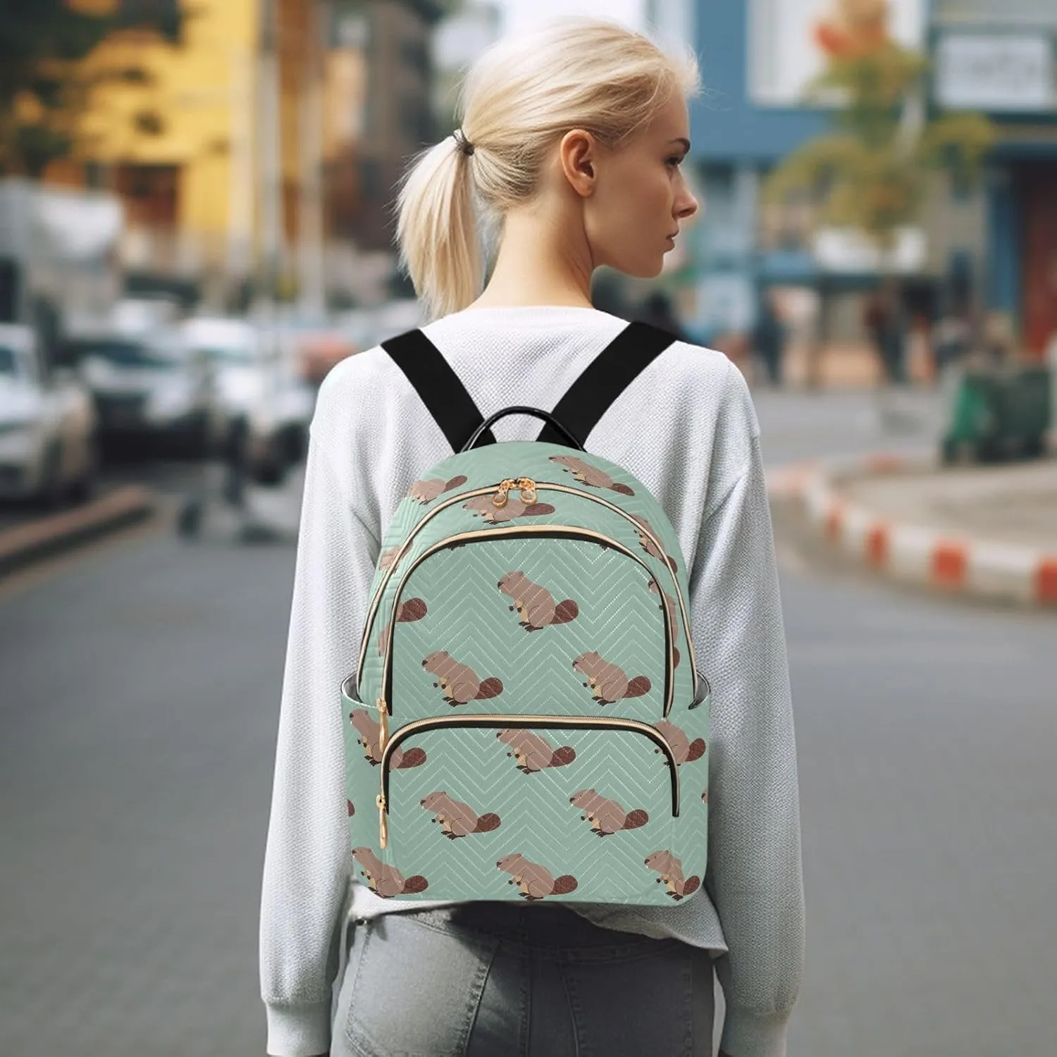 VIGTRO Women Fashion Backpack Quilted Mini Purse Cute Beaver Animals Pattern, Lightweight Travel Casual Shoulder Backpack with Adjustable Straps Size S