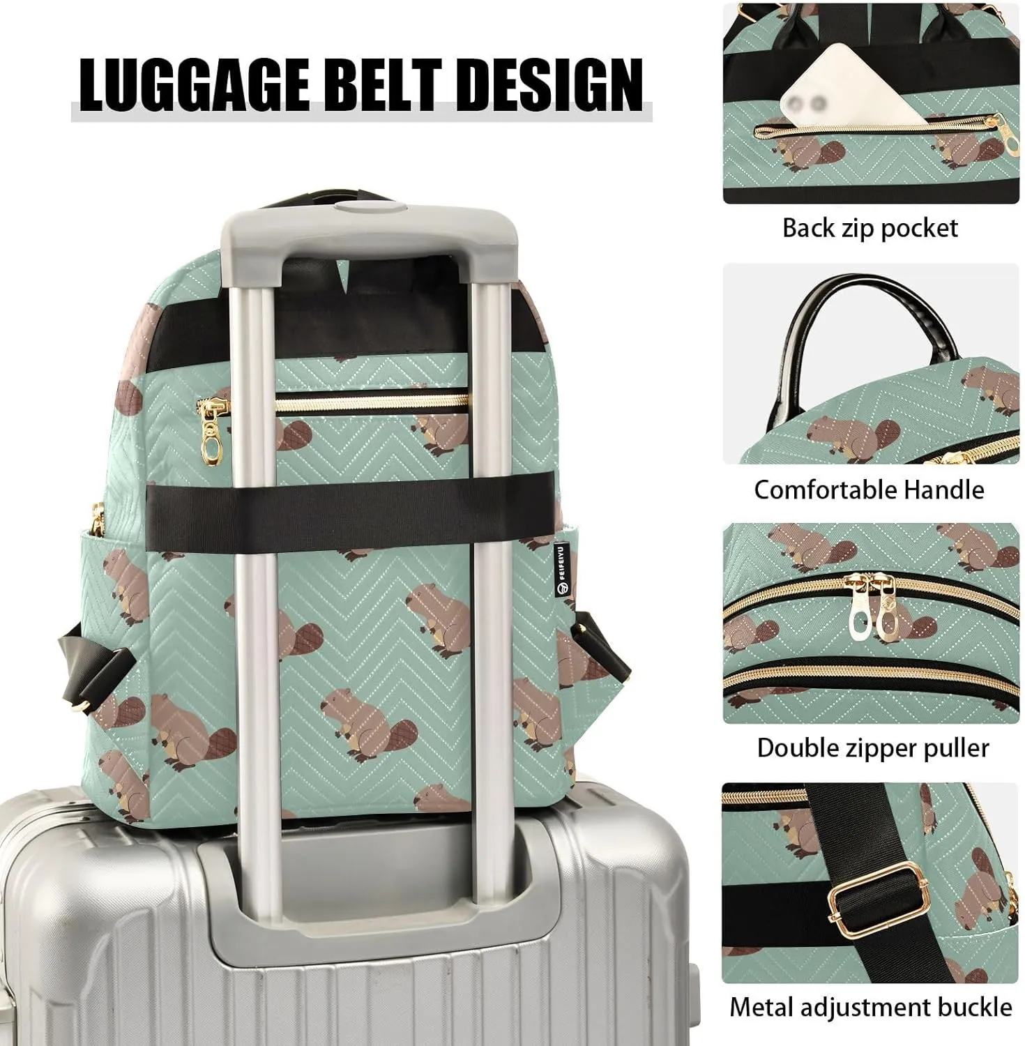 VIGTRO Women Fashion Backpack Quilted Mini Purse Cute Beaver Animals Pattern, Lightweight Travel Casual Shoulder Backpack with Adjustable Straps Size S