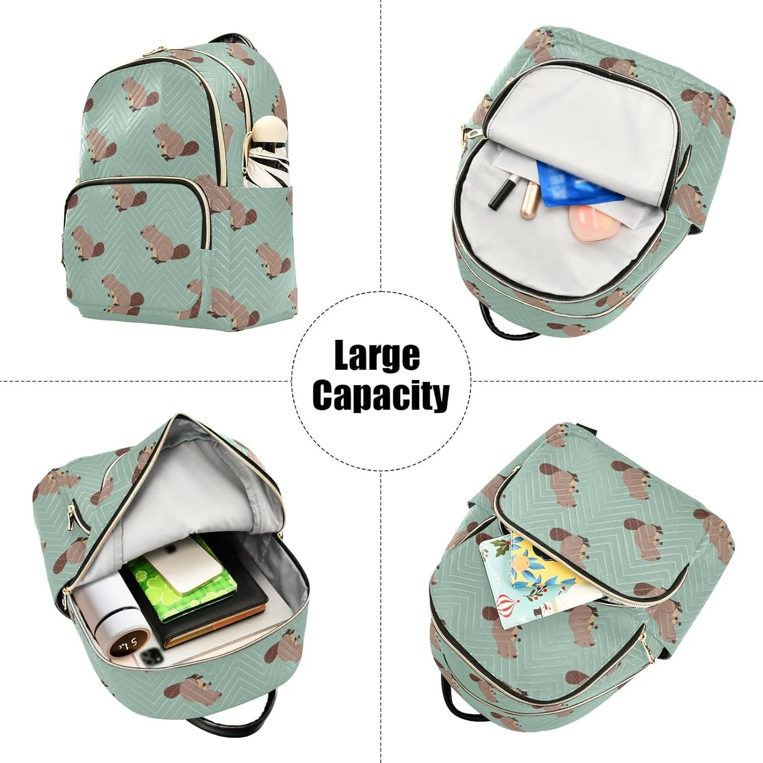 VIGTRO Women Fashion Backpack Quilted Mini Purse Cute Beaver Animals Pattern, Lightweight Travel Casual Shoulder Backpack with Adjustable Straps Size S